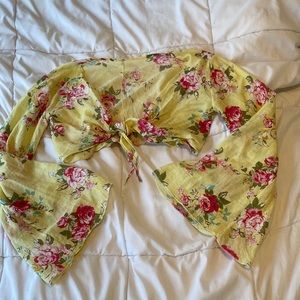 yellow floral crop top ties in front
